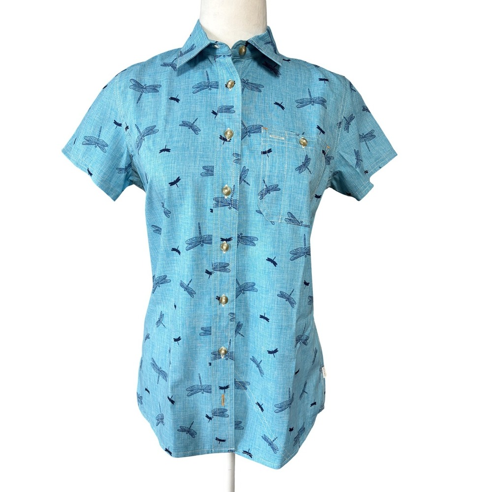 Orvis Shirt Womens XS Blue‎ Dragonfly Print Short Sleeve Button Up Casual Top